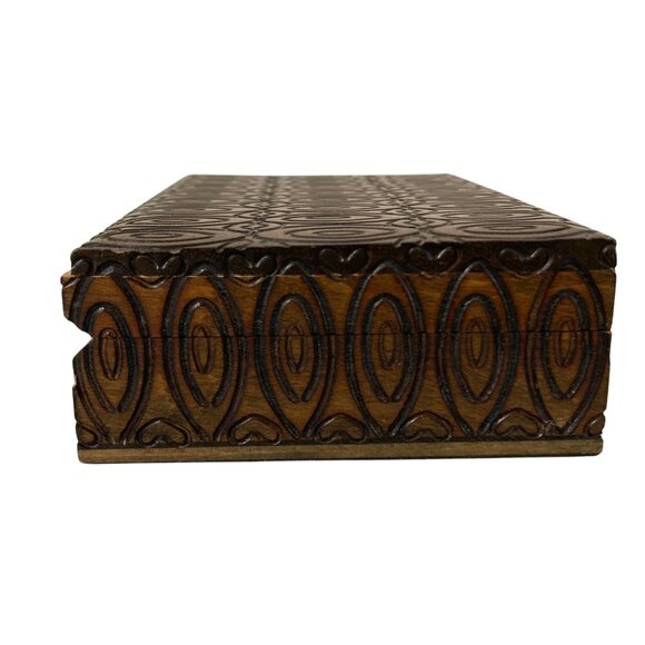 Hand Carved Wooden Trinket Box With Geometric And Heart Pattern - Picture 2 of 10